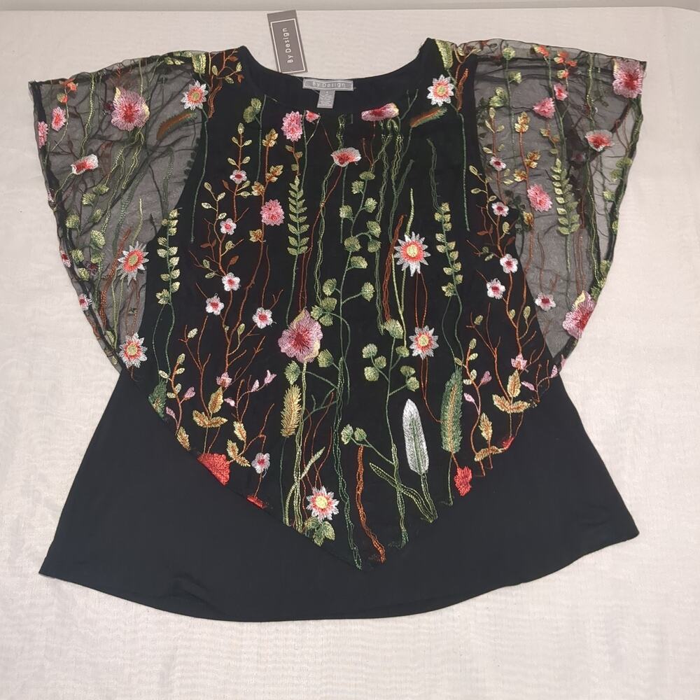 Women's Black Embroidered Sheer Mesh Top Floral Overlay Dark Fairy Boho Flowy - Picture 4 of 12